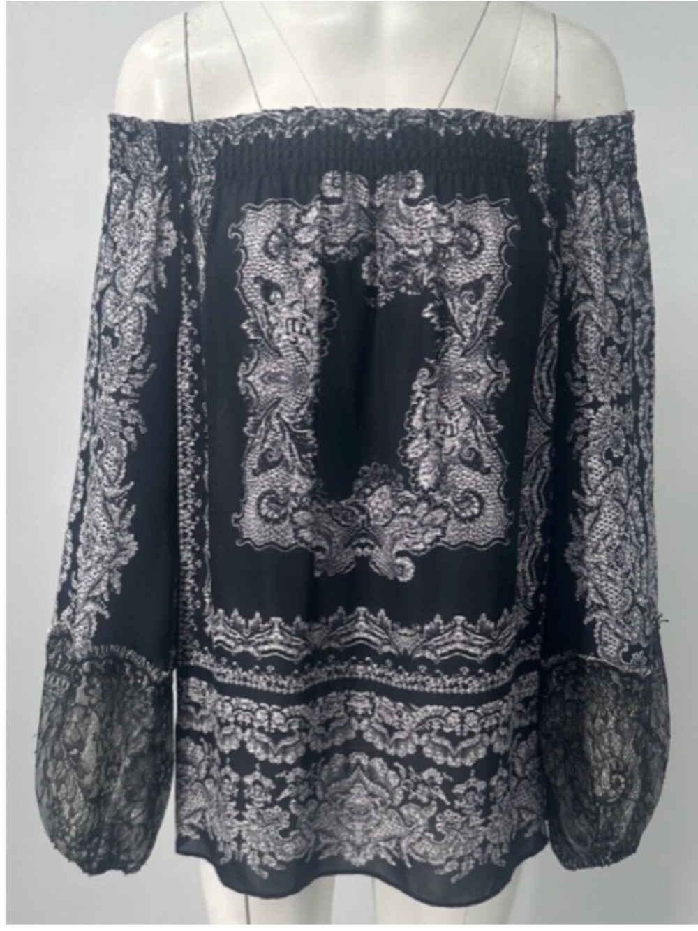 Kobi Halperin Off-Shoulder Black and White Paisley Print Lace Blouse small